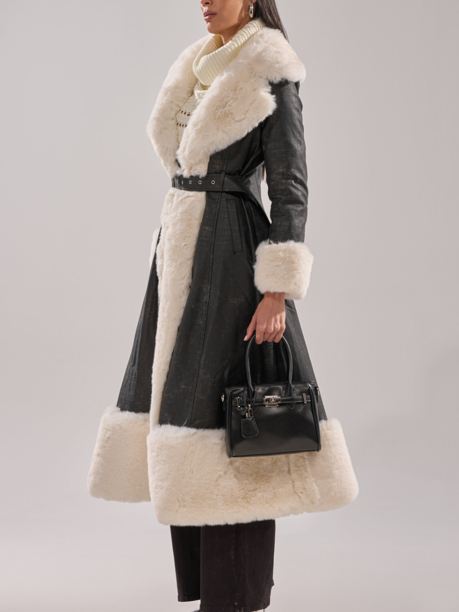 Embossed Croc-Print White Faux Fur-Trim Coat