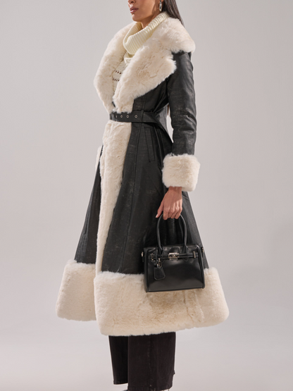 Embossed Croc-Print White Faux Fur-Trim Coat