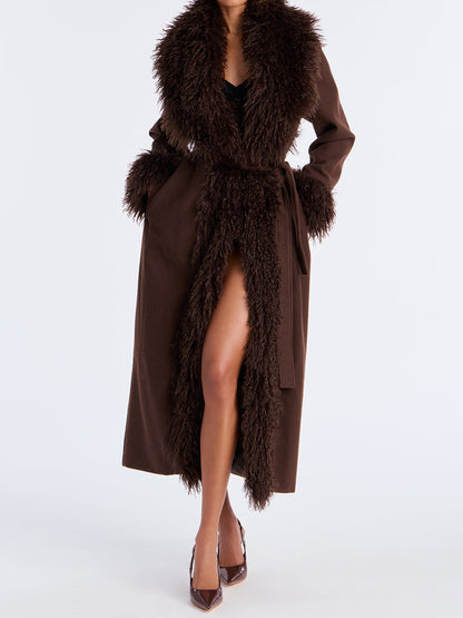 Fur Trim Fashion Belted Long Coat