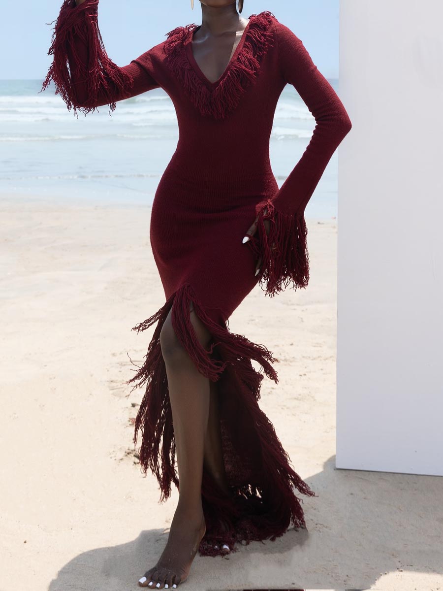 Deep V Neck Fringed Slit Hem Maxi Dress