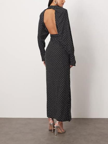 Rhinestone Detail Draped Neck Hard Shoulder Open Back Long Dress