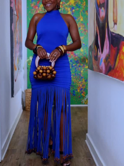 Sleeveless Fringed Wood Beaded Pendant Dress