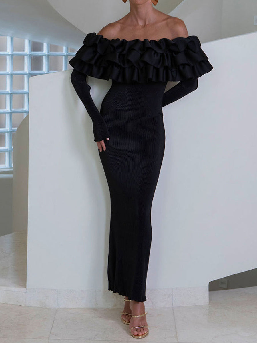 Ruffled Off Shoulder Long Sleeve Dress