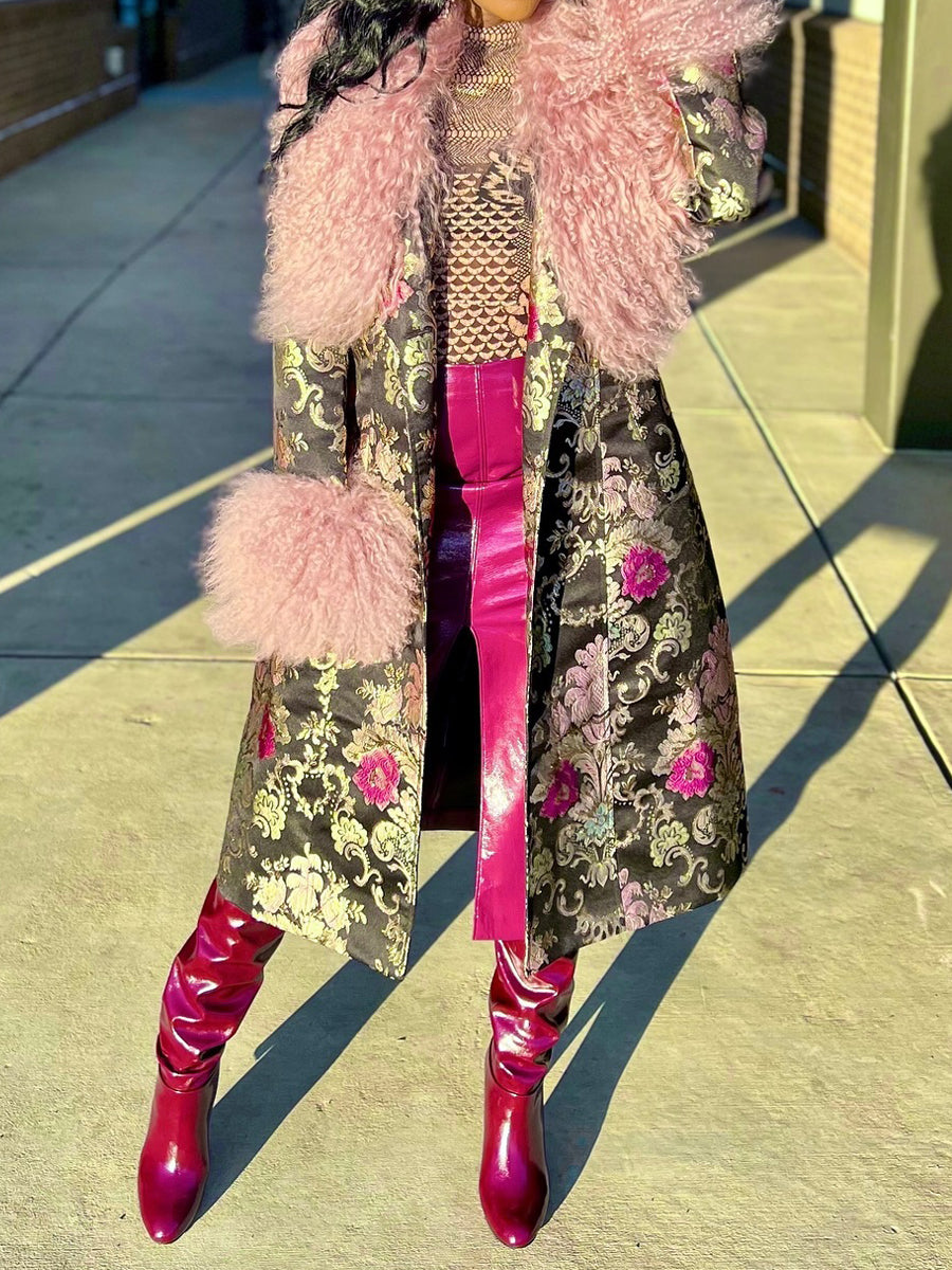 Detachable Faux Fur Patchwork Floral Print Coat