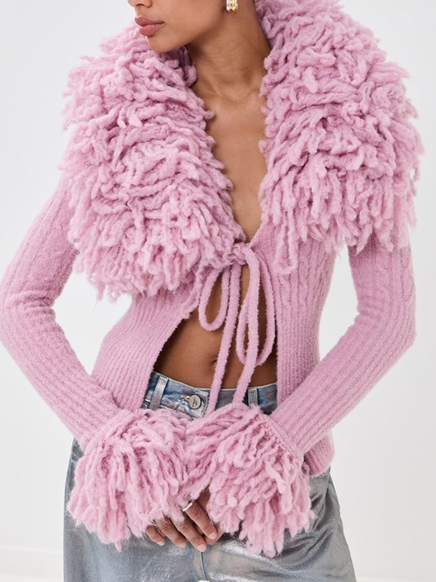 Ribbed And Fringed Knit Coat