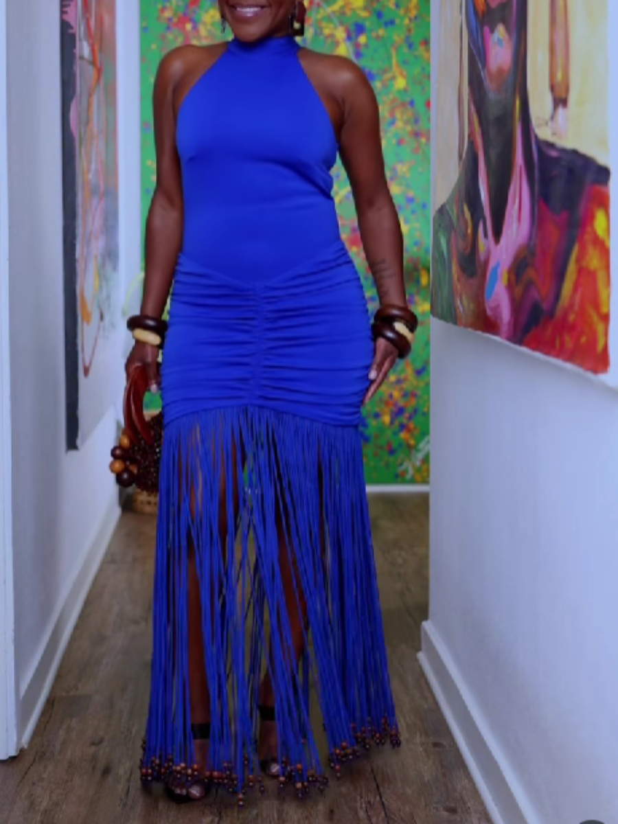 Sleeveless Fringed Wood Beaded Pendant Dress