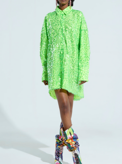 Sequin Lapel Shirt Dress