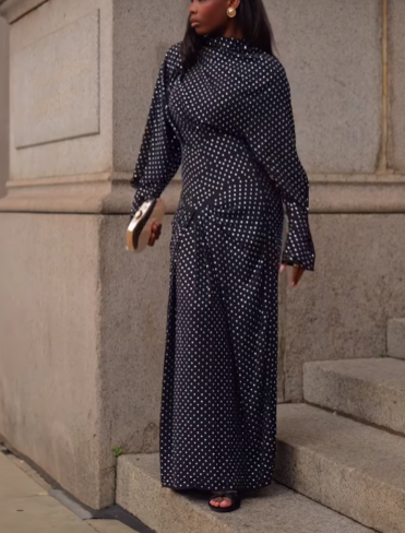 Rhinestone Detail Draped Neck Hard Shoulder Open Back Long Dress