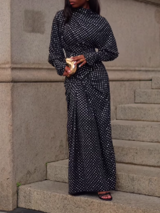 Rhinestone Detail Draped Neck Hard Shoulder Open Back Long Dress