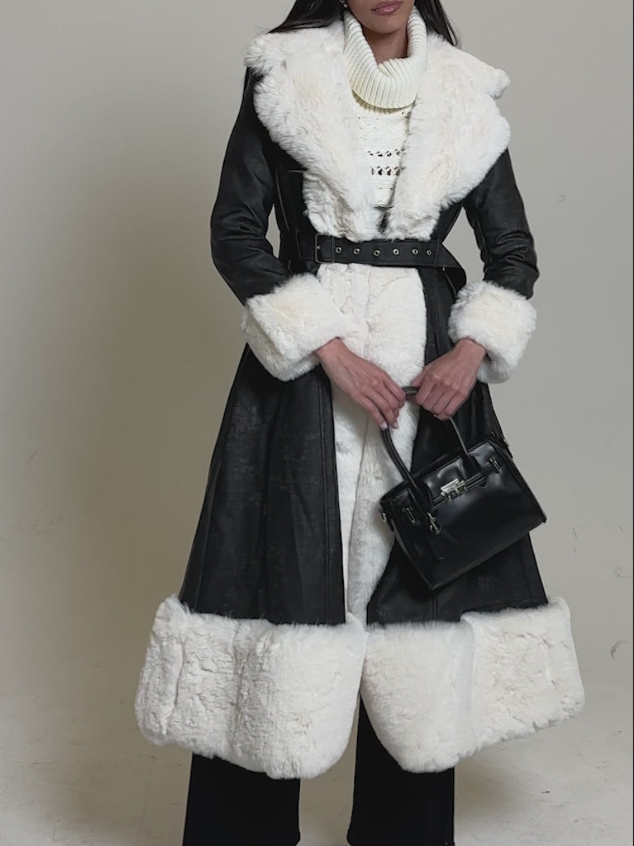 Embossed Croc-Print White Faux Fur-Trim Coat