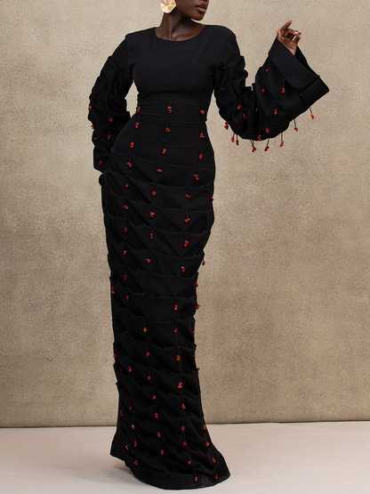 Red Coral Bead Pendant Laminated Skirt Dress