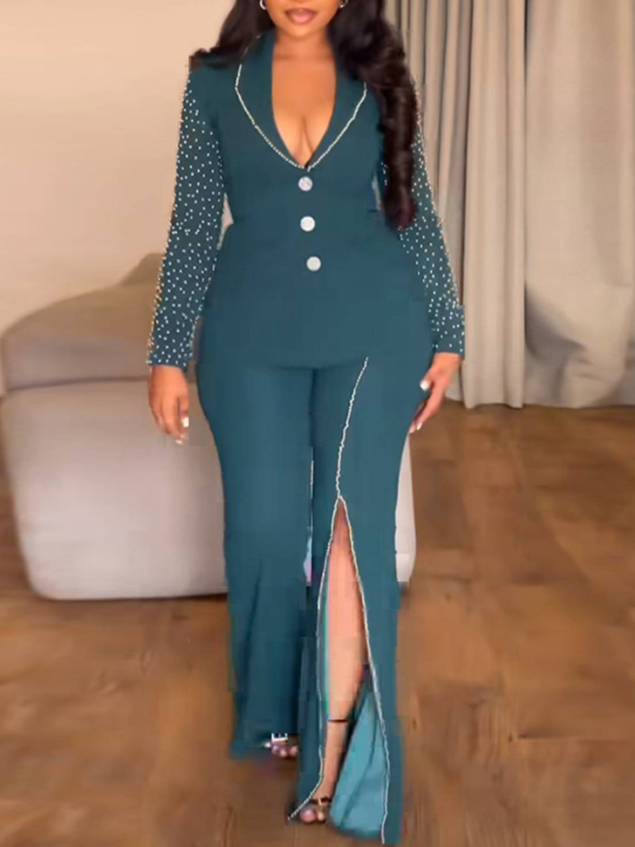 Retro Sexy V-Neck Beads Long Sleeves & Splits All-Match Straight Pants Set