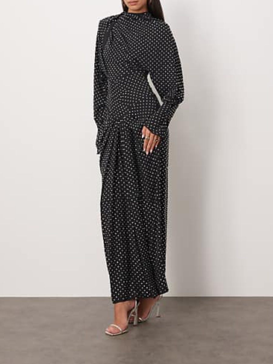 Rhinestone Detail Draped Neck Hard Shoulder Open Back Long Dress