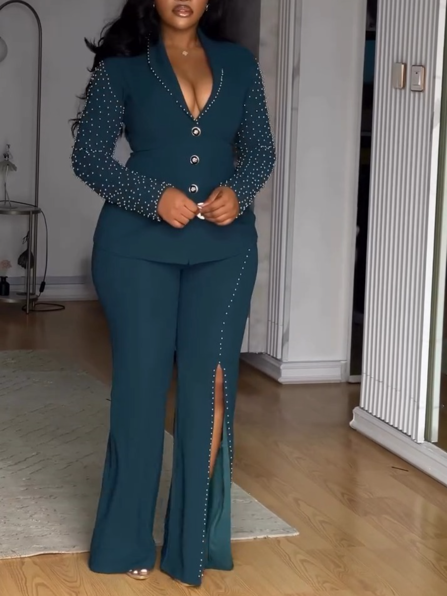 Retro Sexy V-Neck Beads Long Sleeves & Splits All-Match Straight Pants Set