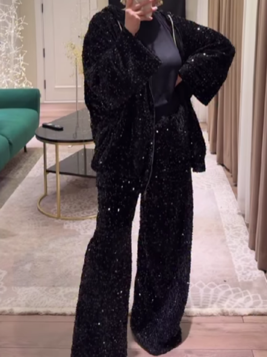 Velvet Sequin Zip Hooded Set