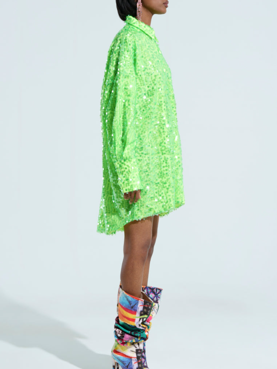 Sequin Lapel Shirt Dress