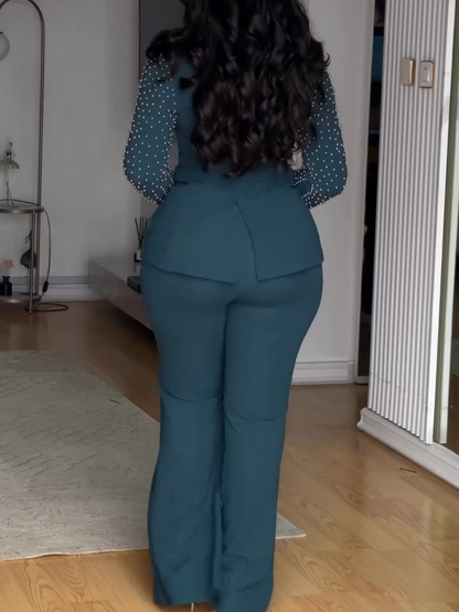 Retro Sexy V-Neck Beads Long Sleeves & Splits All-Match Straight Pants Set