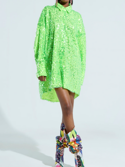 Sequin Lapel Shirt Dress