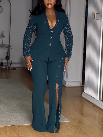 Retro Sexy V-Neck Beads Long Sleeves & Splits All-Match Straight Pants Set