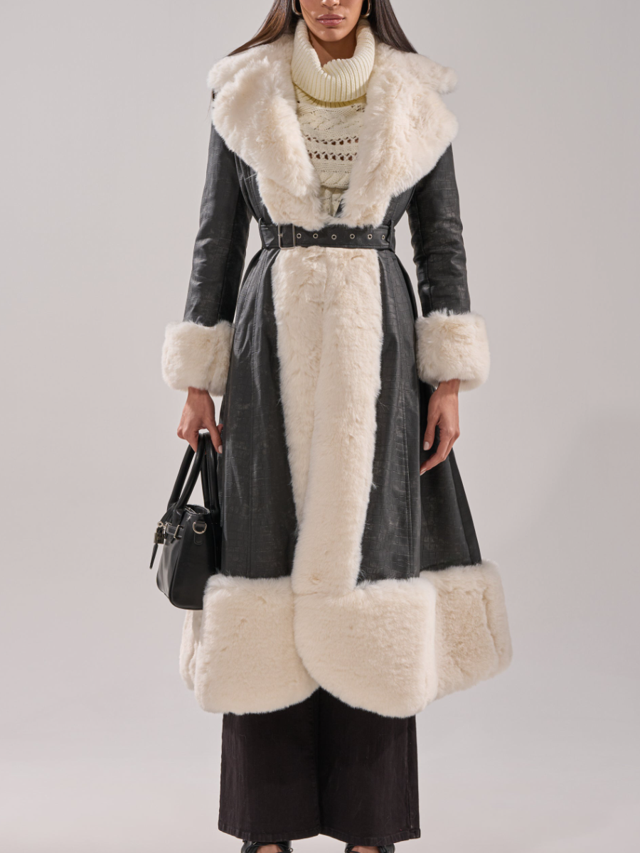 Embossed Croc-Print White Faux Fur-Trim Coat
