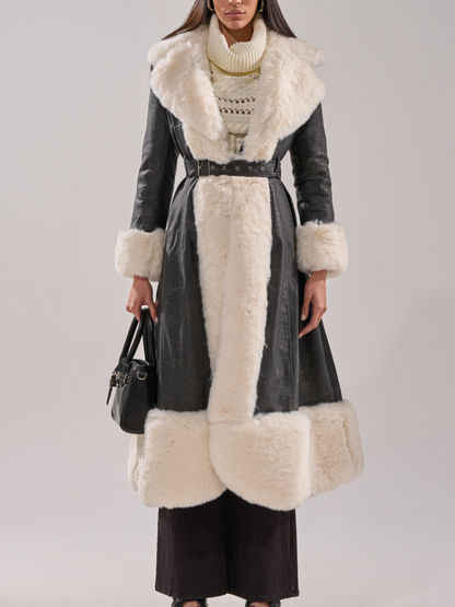 Embossed Croc-Print White Faux Fur-Trim Coat