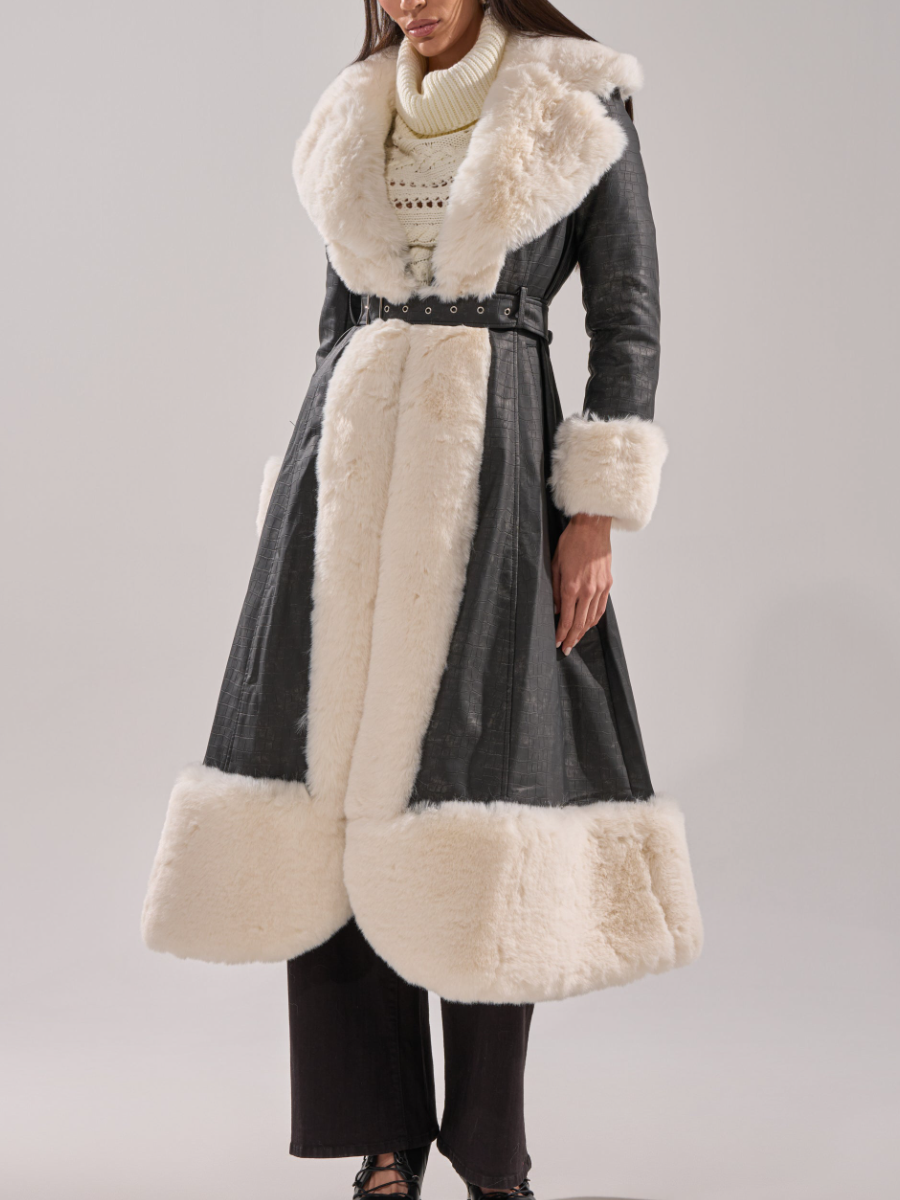 Embossed Croc-Print White Faux Fur-Trim Coat