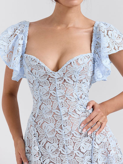 Square Collar Floral Lace Midi Dress