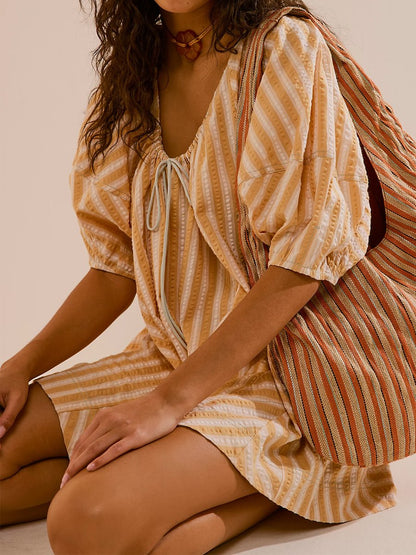 Striped Casual Loose Deep V Wide-leg Romper