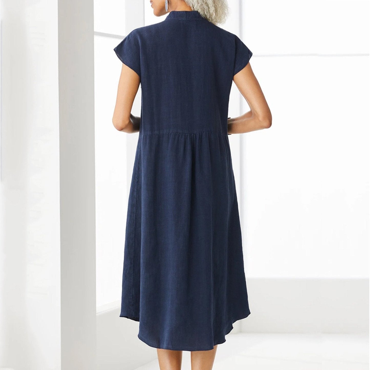 Women’s Button-down Cotton Linen Loose Dress with Pocket