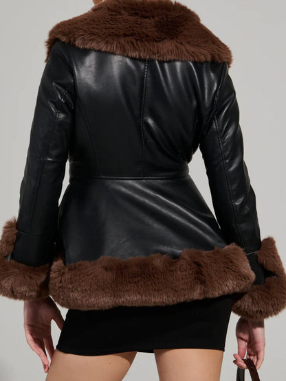 Faux Fur Trim Peplum Belted Coat