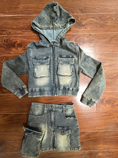 Hooded Cargo Denim Set