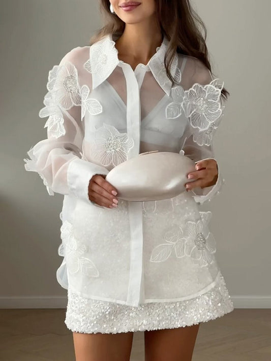 Beaded 3D Flower See-through Shirt