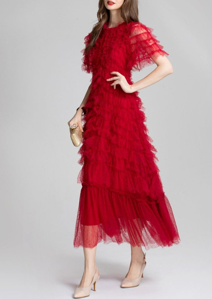 Ruffled Tulle Gown In Red