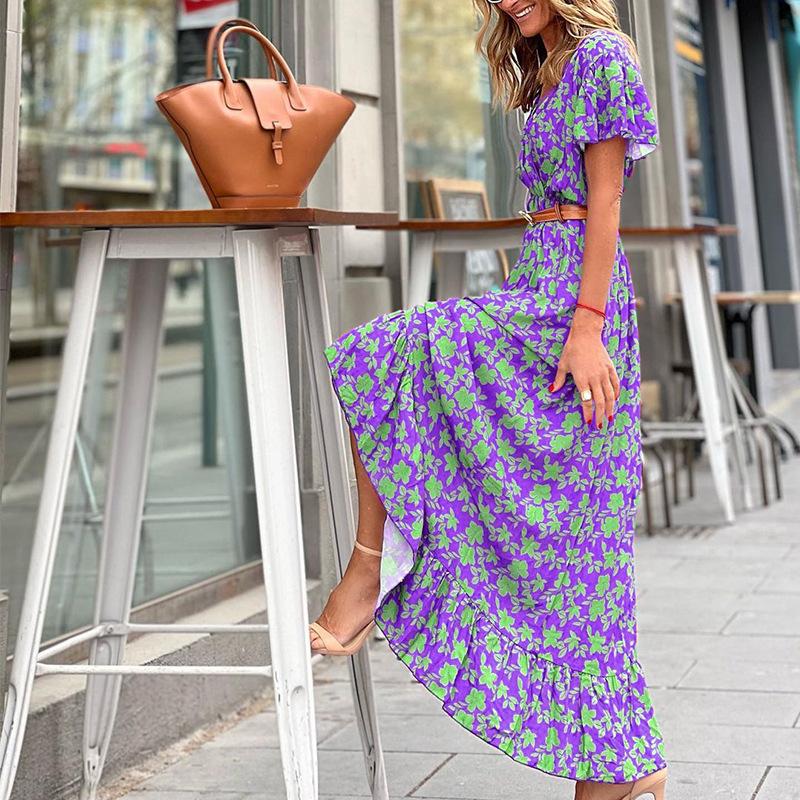 V-Neck Short Sleeve Swing Print Dress