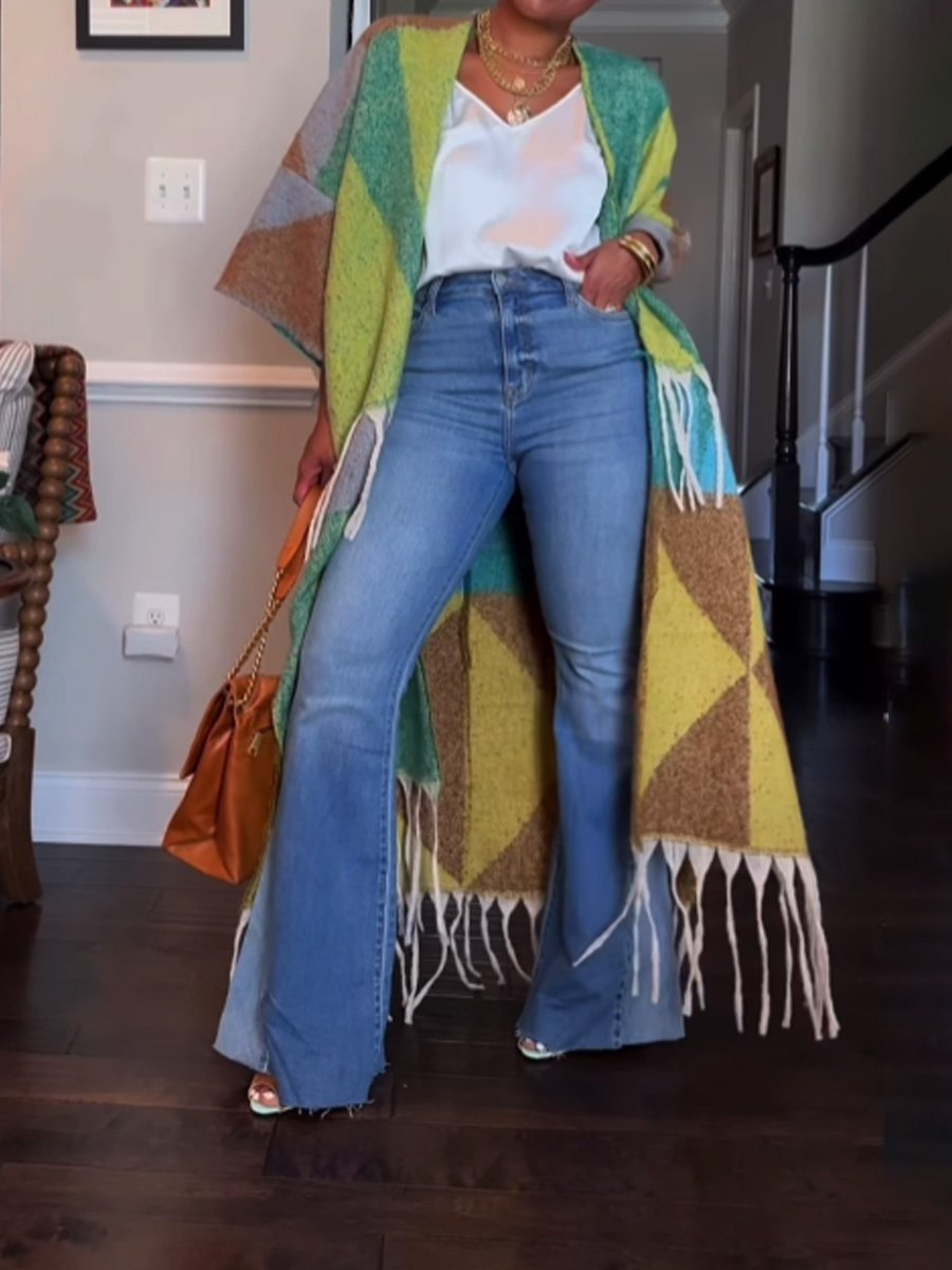 Casual Colorblock Tassel Knit Coat