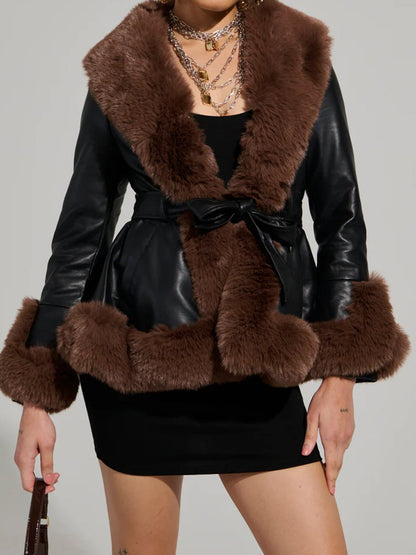 Faux Fur Trim Peplum Belted Coat