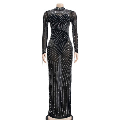 Demure Dazzle Rhinestone Maxi Dress