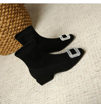 Suede Square Toe Rhinestone Boots