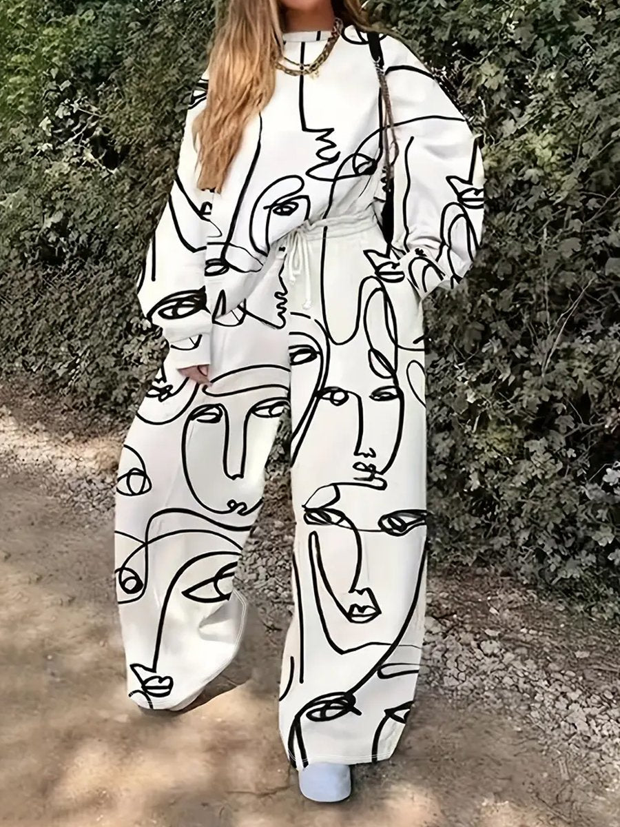 Casual Round Neck Loose Printed Sweat Suit