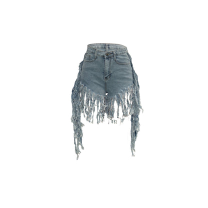 Rapped Fringed Denim Shorts