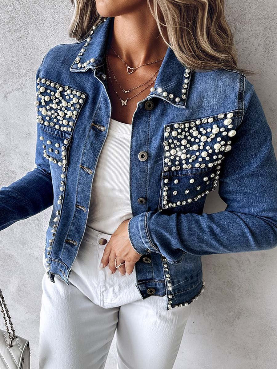 Rhinestone Pearl Decor Denim Jacket