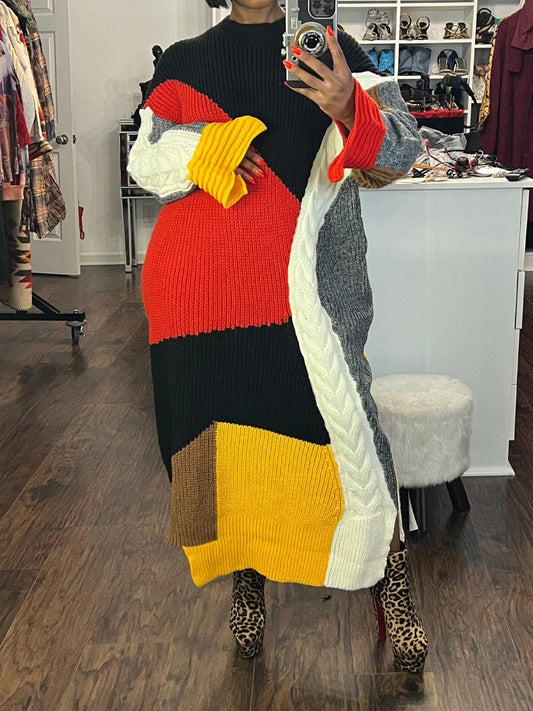 Knitted Irregular Loose Casual Color Block Maxi Sweater Dress