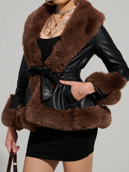 Faux Fur Trim Peplum Belted Coat