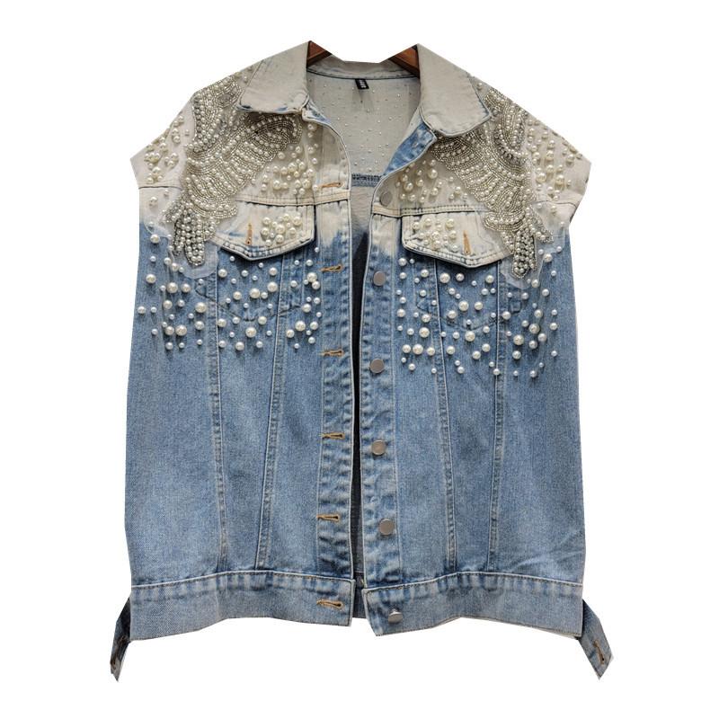 Oversized Pearls Denim Vest Jacket