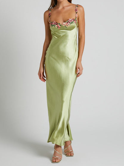 Floral Detail Cup Bust Satin Maxi Dress