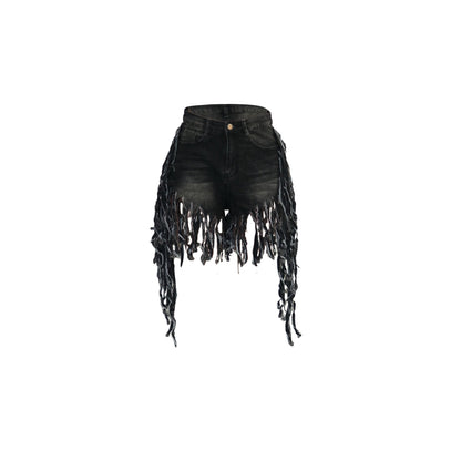 Rapped Fringed Denim Shorts