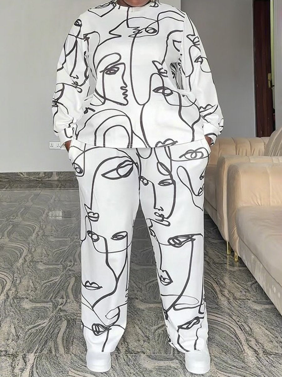 Casual Round Neck Loose Printed Sweat Suit