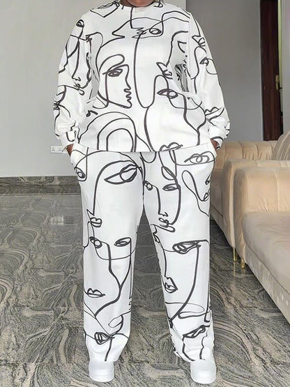 Casual Round Neck Loose Printed Sweat Suit