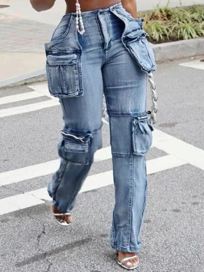 Fashion Casual Stitching Multi-Pocket Organ Jeans