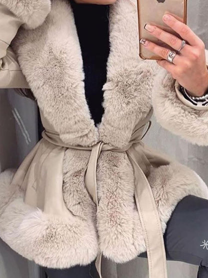 Faux Fur Trim Peplum Belted Coat